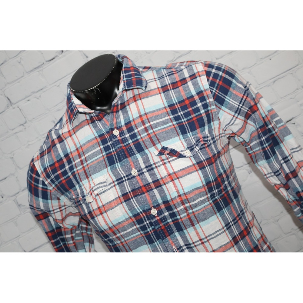 Express Plaid Button Up Mens Medium Blue Red White Linen Blend Long Sleeve